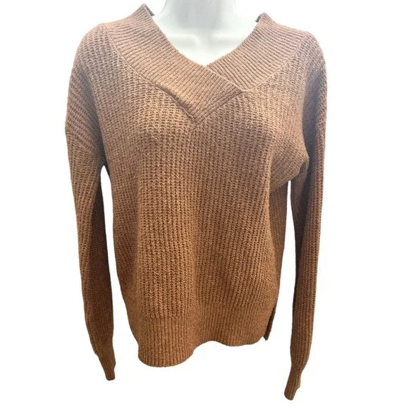 Pink Rose - Women's Brown Sweater Top Long Sleeve V-neck Loose Knit Size Medium - Picture 1 of 7